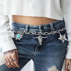 Boho Western Cowboy Silver & Turquoise Accents Charm Chain Statement Belt